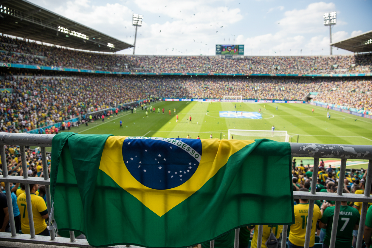 a brazil flag hanging off of a railing at a sporting event