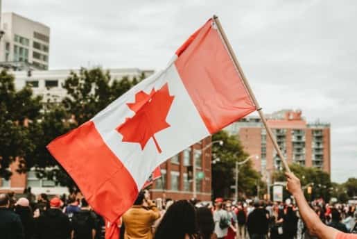 Person holding a Canadian flag in an urban setting with buildings and trees in the background.
